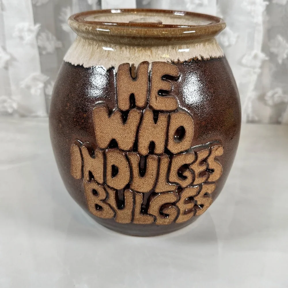 Vintage Brown Drip Glaze Cookie Jar He Who Indulges Bulges 70s‎ Kitschy